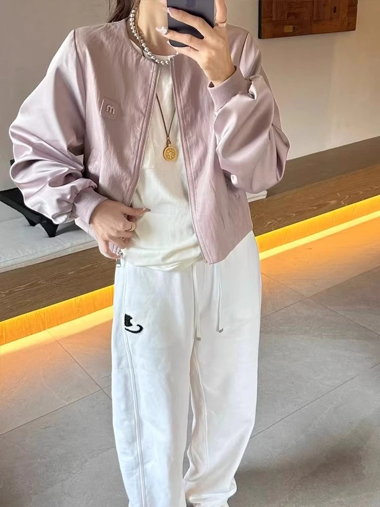 字母圆领皮衣外套女欧洲站2025春季新款韩版百搭时尚显瘦夹克上衣