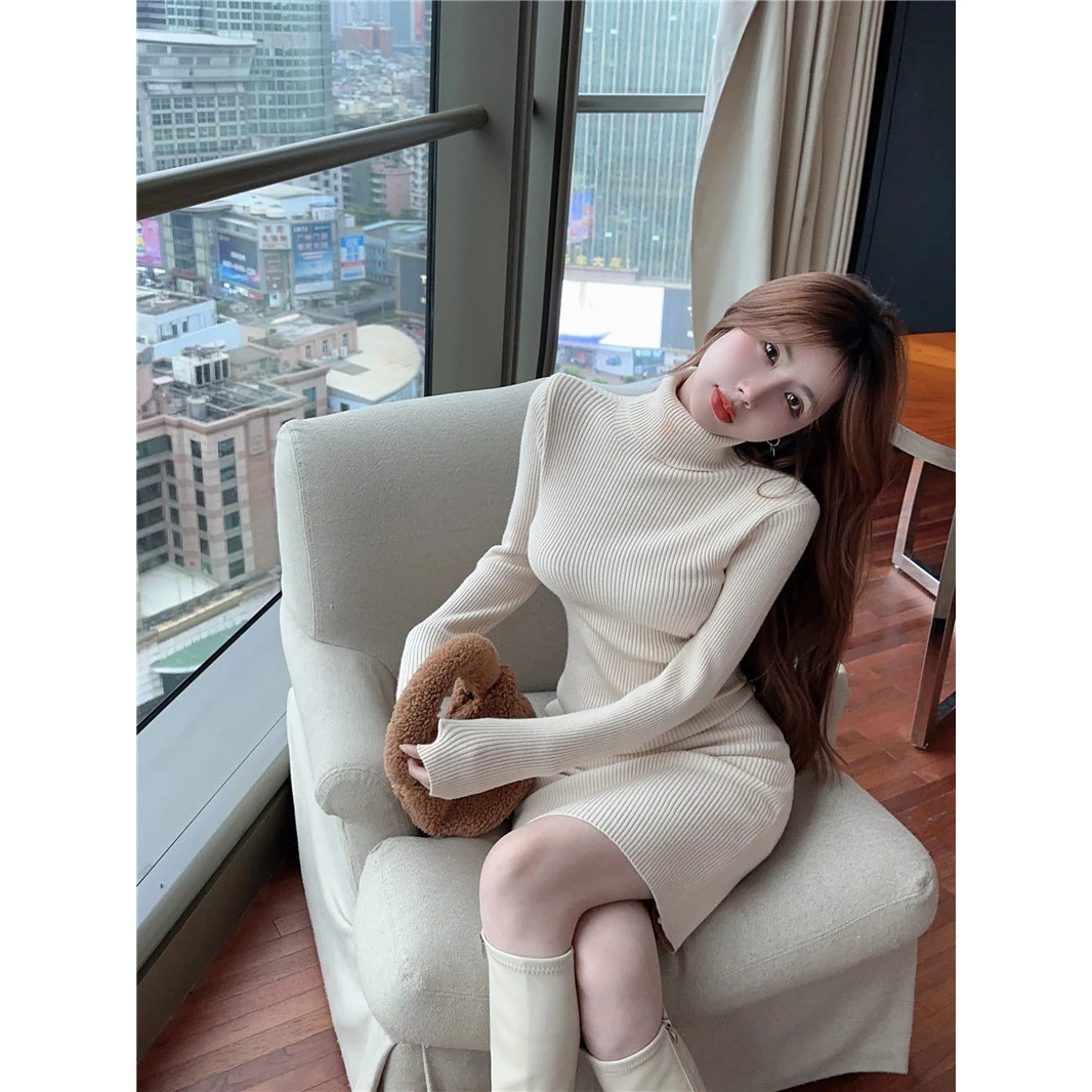 复古高领长袖针织连衣裙女秋冬季新款时尚性感修身内搭包臀短裙子