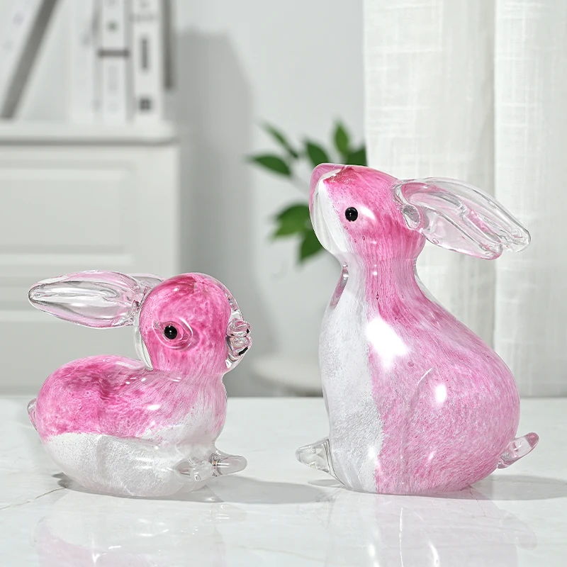 手工琉璃【一对粉色兔子】摆件手工艺品 轻奢 客厅茶几 家居软装