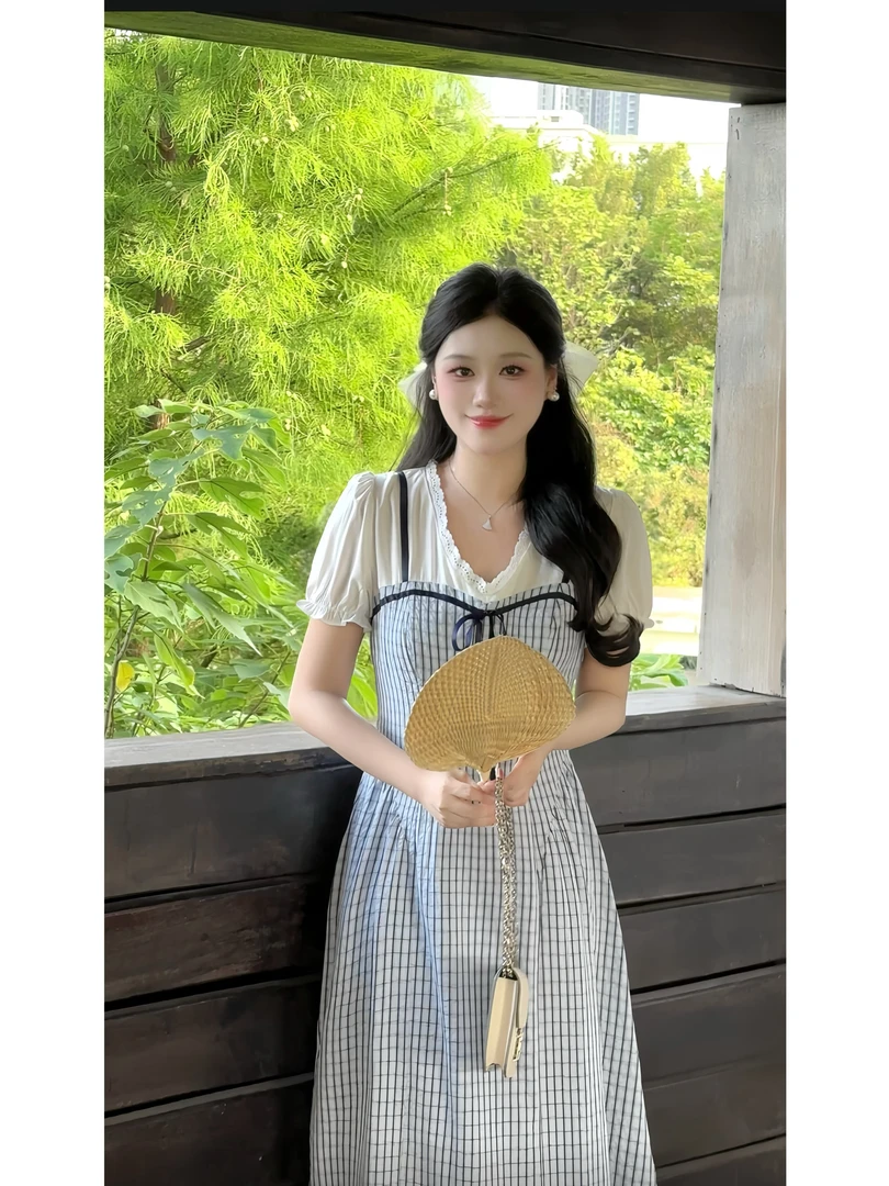 【雪落川】夏季时尚气质设计感小个子大码显瘦假两件蕾丝拼接连衣裙
