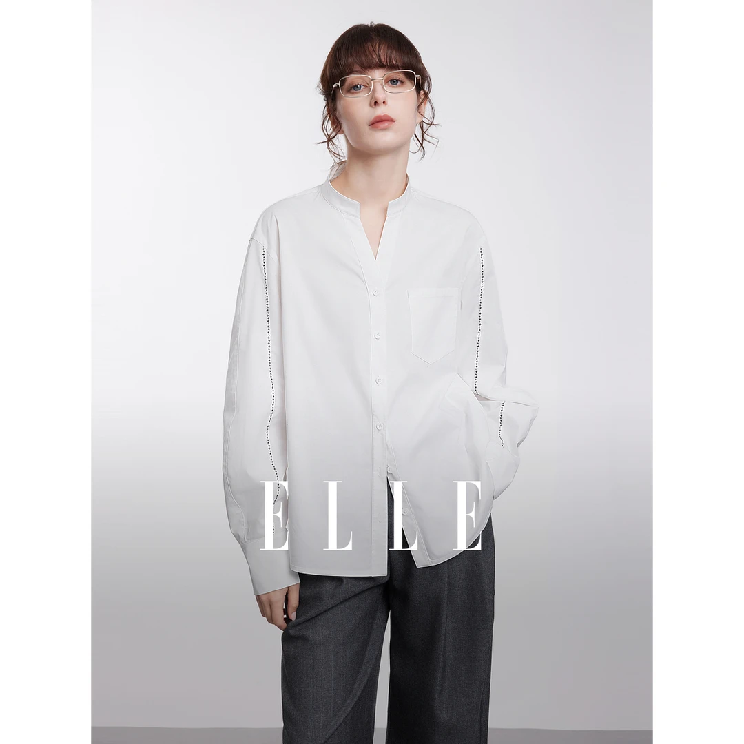 ELLE白色气质通勤V领长袖衬衫女2025春季新款简约时尚高级EC50807