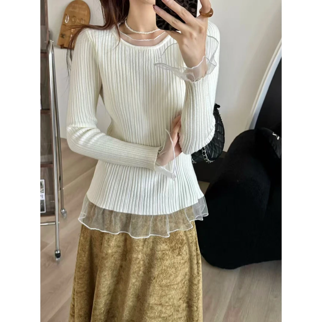 SP【韩系小姐姐】甜美蕾丝边羊毛针织衫女秋冬设计感打底上衣内搭