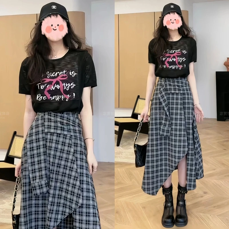 2025夏季字母印花轻薄微透短袖T恤上衣显瘦百搭不规则半身裙套装