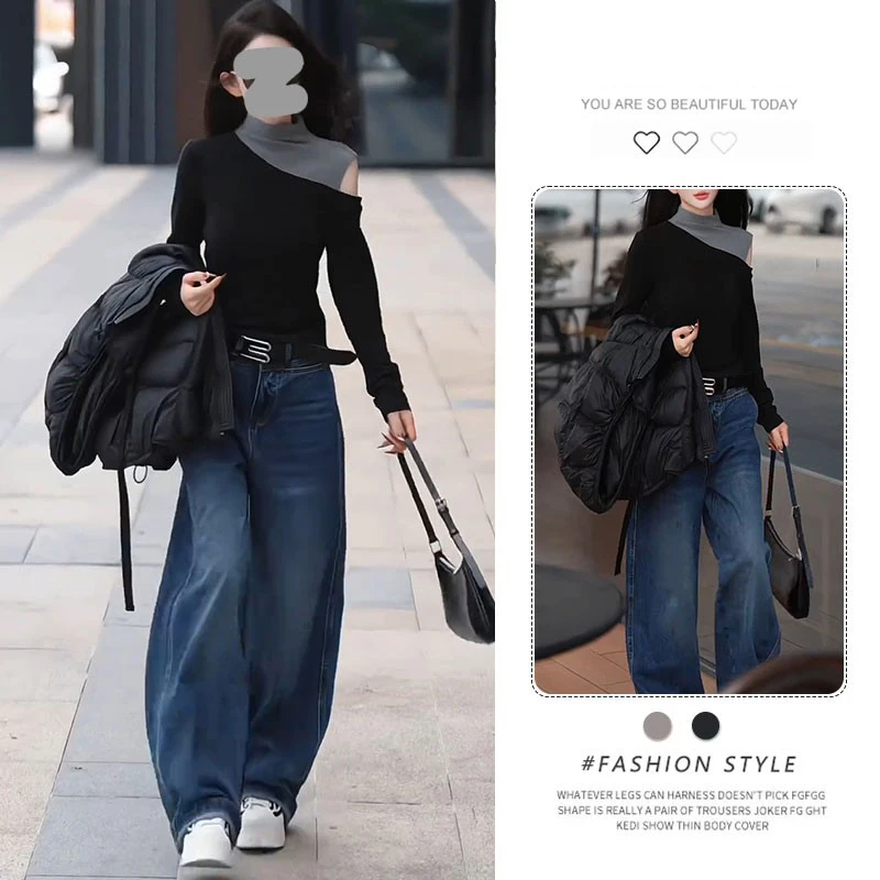 设计感假两件半高领长袖T恤打底衫女秋冬韩系轻熟小众不撞款上衣