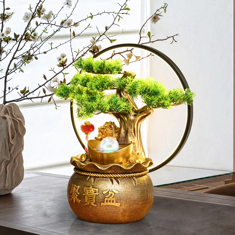 新中式创意福袋循环水流水摆件客厅办公室桌面景观装饰开业礼品