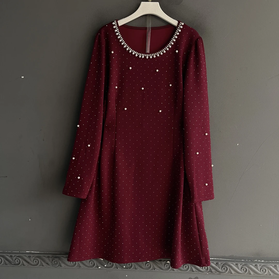 秋季时尚小香风气质显瘦长袖重工钉珠圆领修身连衣裙