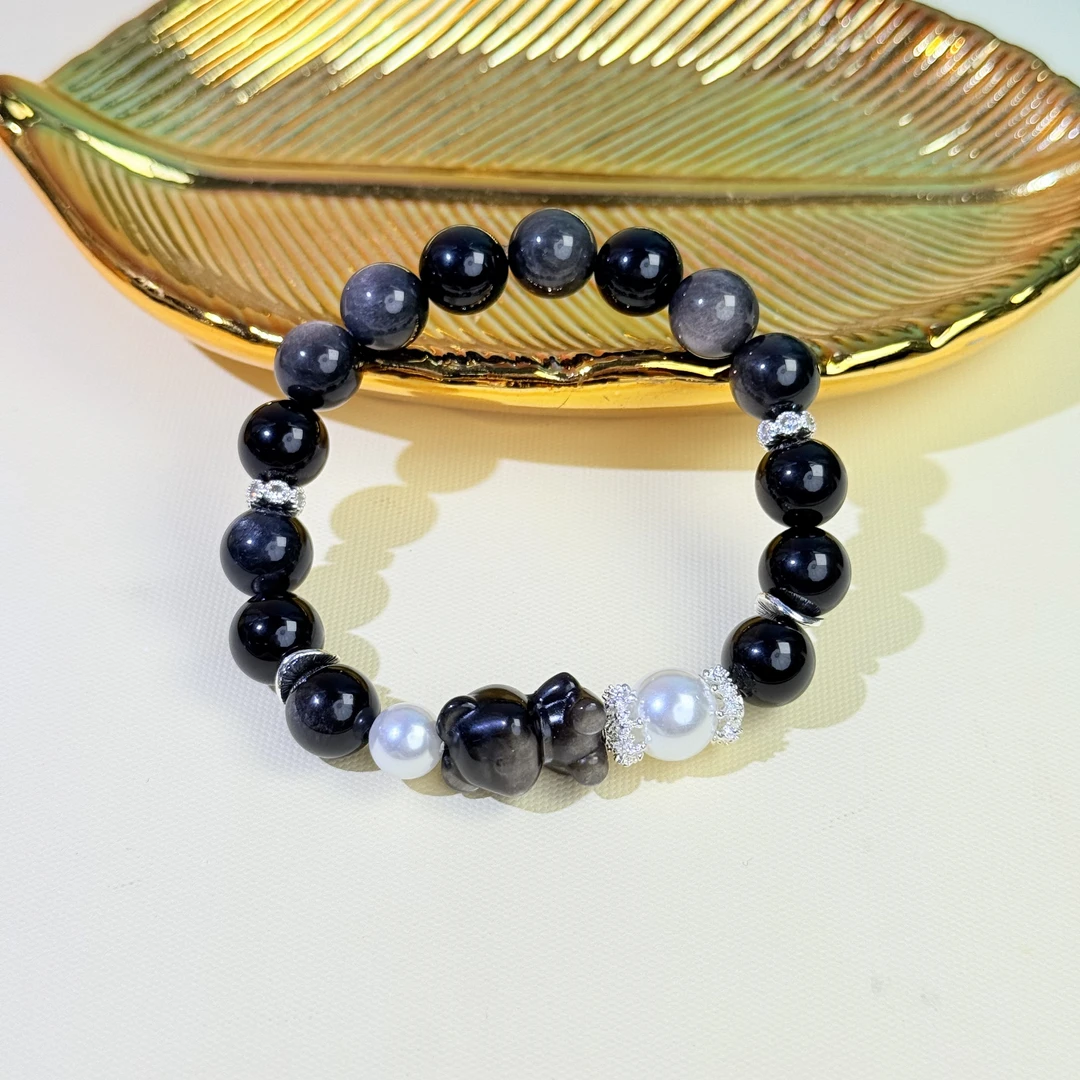 【右手戴安】银曜石小熊10mm手串面小仙多样性发其一