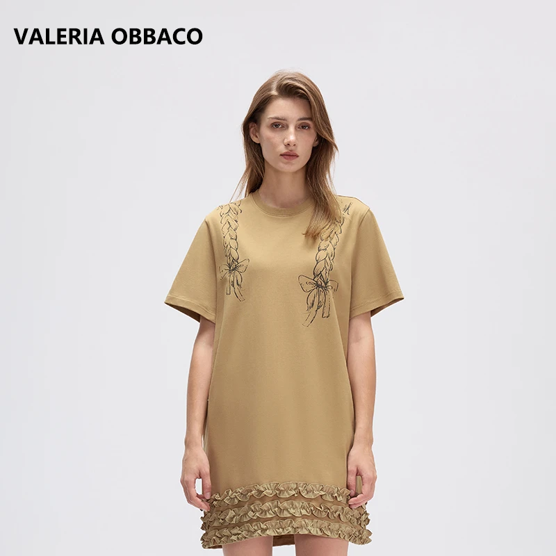 VALERIAOBBACO/瓦莱丽娅 奥贝科卡其色麻花辫花边连衣裙