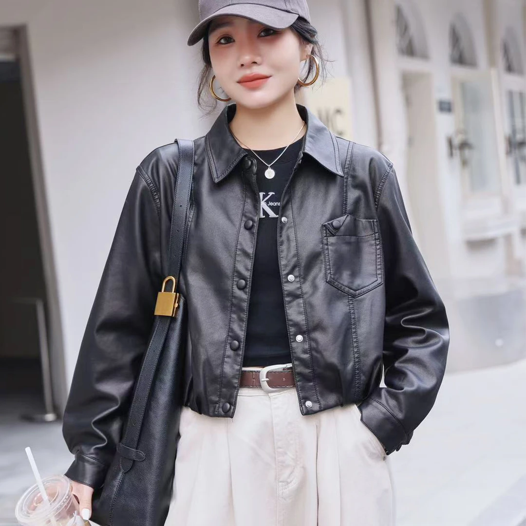 皮衣外套女春秋新款方领水洗PU短款纽扣休闲女装度假风韩系皮夹克
