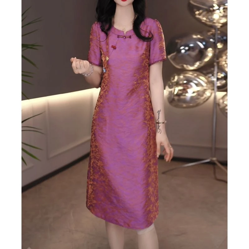 洋气减龄花萝缎时尚收腰显瘦裙子2025显瘦短袖连衣裙夏季新款遮肉