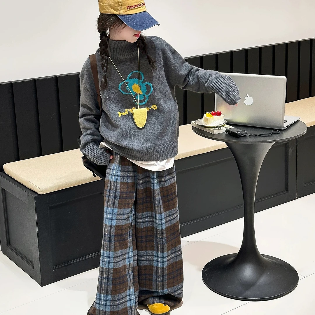 女童2025秋装新款毛衣格子裤两件套中大童甜美女孩慵懒休闲穿搭潮