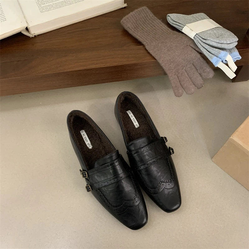 早秋式风百搭显瘦复古纯色低帮平底女式豆豆鞋人造材