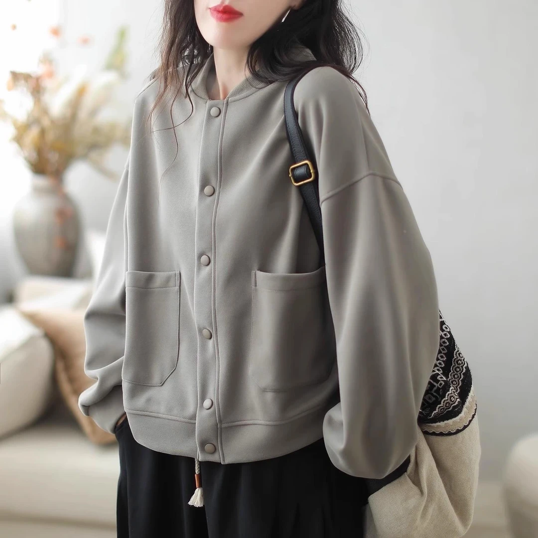 纯色简约休闲卫衣短外套女2025年秋装新款宽松显瘦立领棒球服上衣