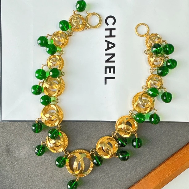 95新 Chanel/香奈儿 Chanel vintage香奈儿中古金球绿琉璃项链