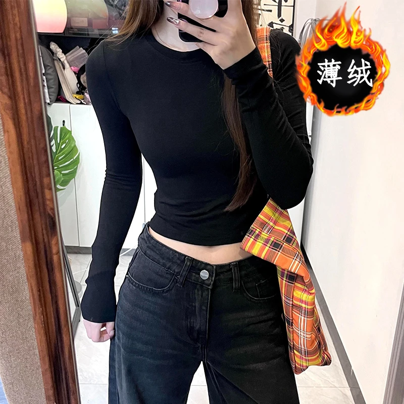 甜辣正肩黑色短款长袖t恤女2025新款洋气紧身秋冬内搭打底衫上衣