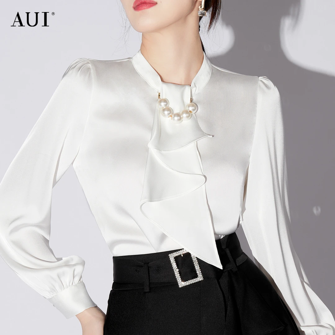 【诗语专属】AUI白色高级缎面衬衫上衣设计感衬衣-23W051911