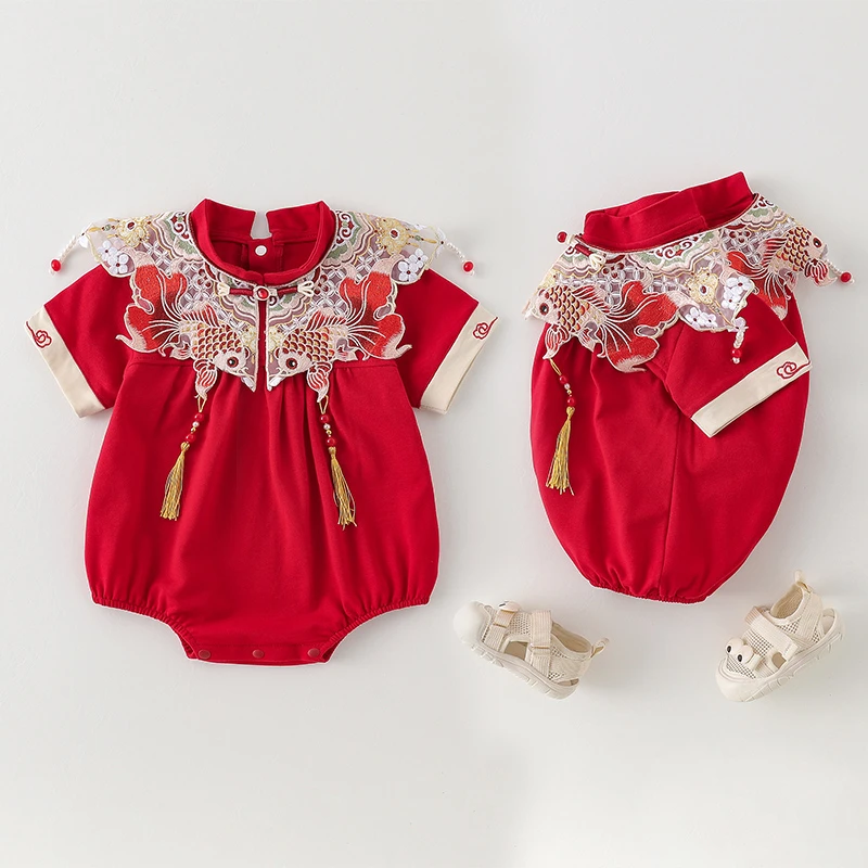 国风婴儿夏装大红包屁衣新中式宝宝周岁礼服夏季满月百天仪式衣服