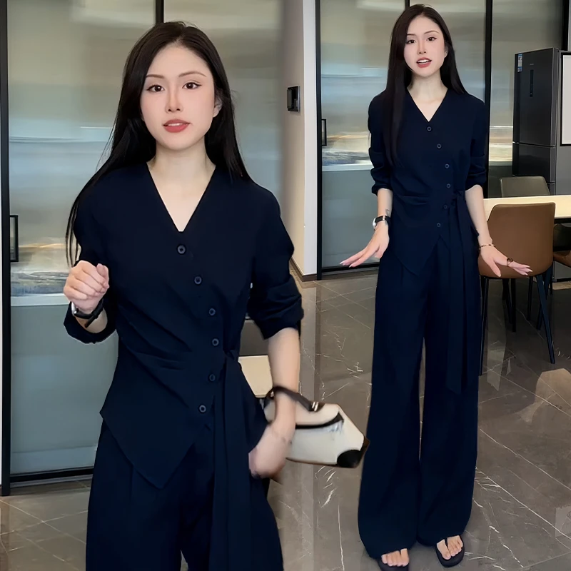设计感小众休闲套装女2025秋冬新款减龄气质系带衬衫阔腿裤两件套