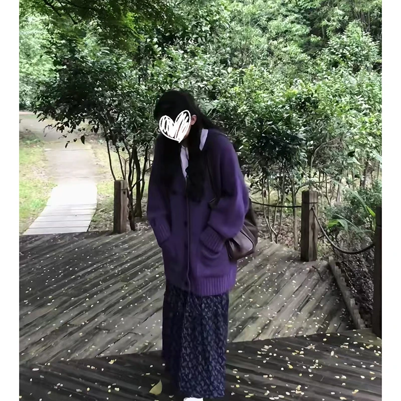 慵懒宽松针织毛衣长袖百搭开衫外套松紧腰碎花大摆半身裙秋季套装