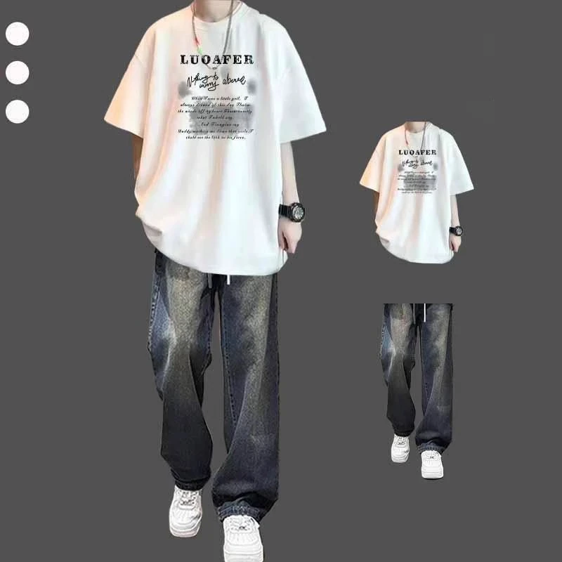 美式短袖t恤男夏季套装搭配高街牛仔裤宽松帅气男生穿搭一整套潮
