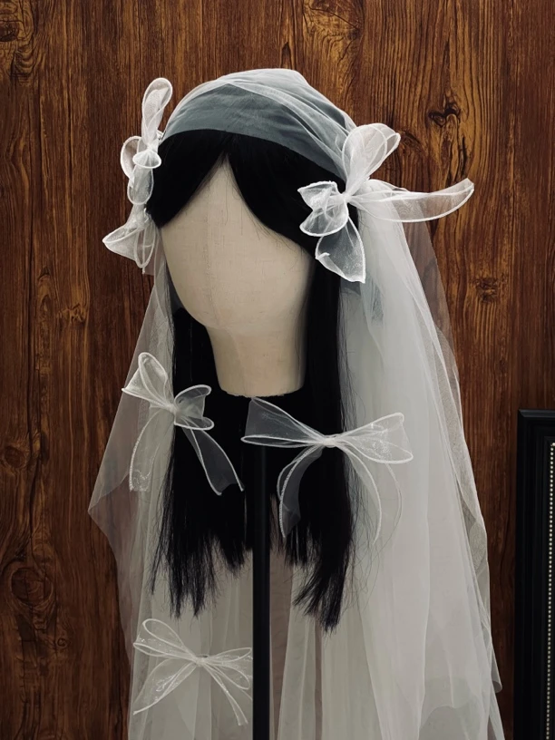 可爱风复古优雅风蝴蝶结半透头纱结婚新娘白纱礼服边夹白色法式