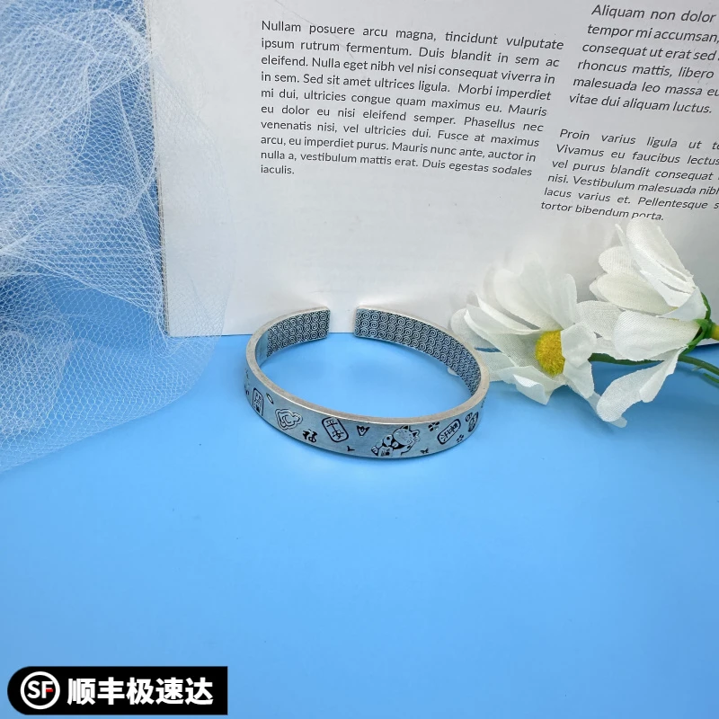 足银手镯 复古做旧吉言招财猫开口银手镯男士高级感招财国风足银