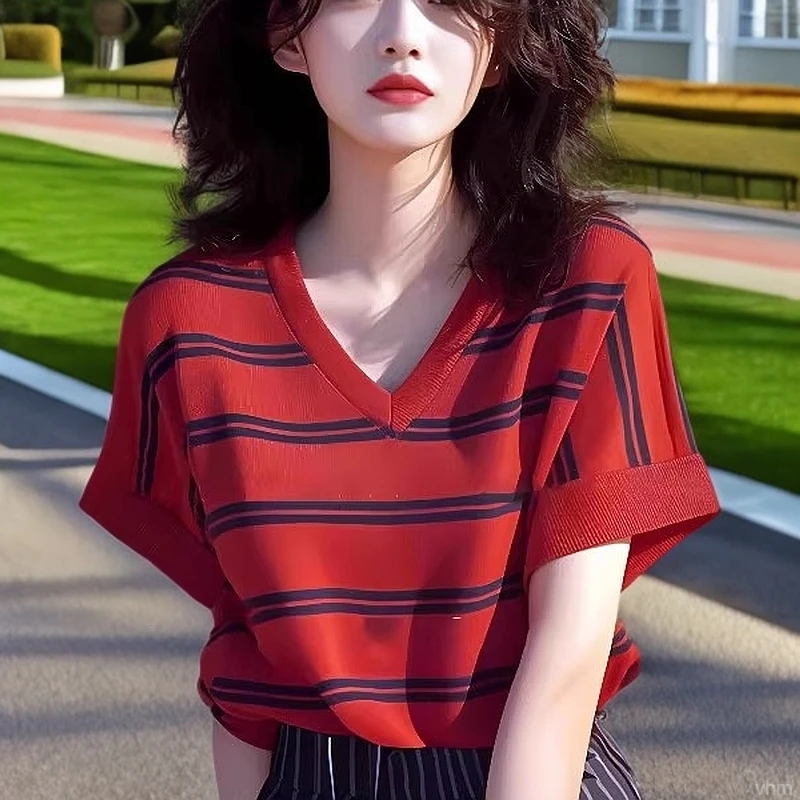 韩系chic复古撞色条纹设计感针织T恤女2025夏季洋气百搭别致小衫