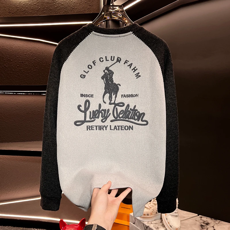 L74【25548】欧美重工刺绣拼接男士卫衣秋冬装新款潮时尚长袖上衣服