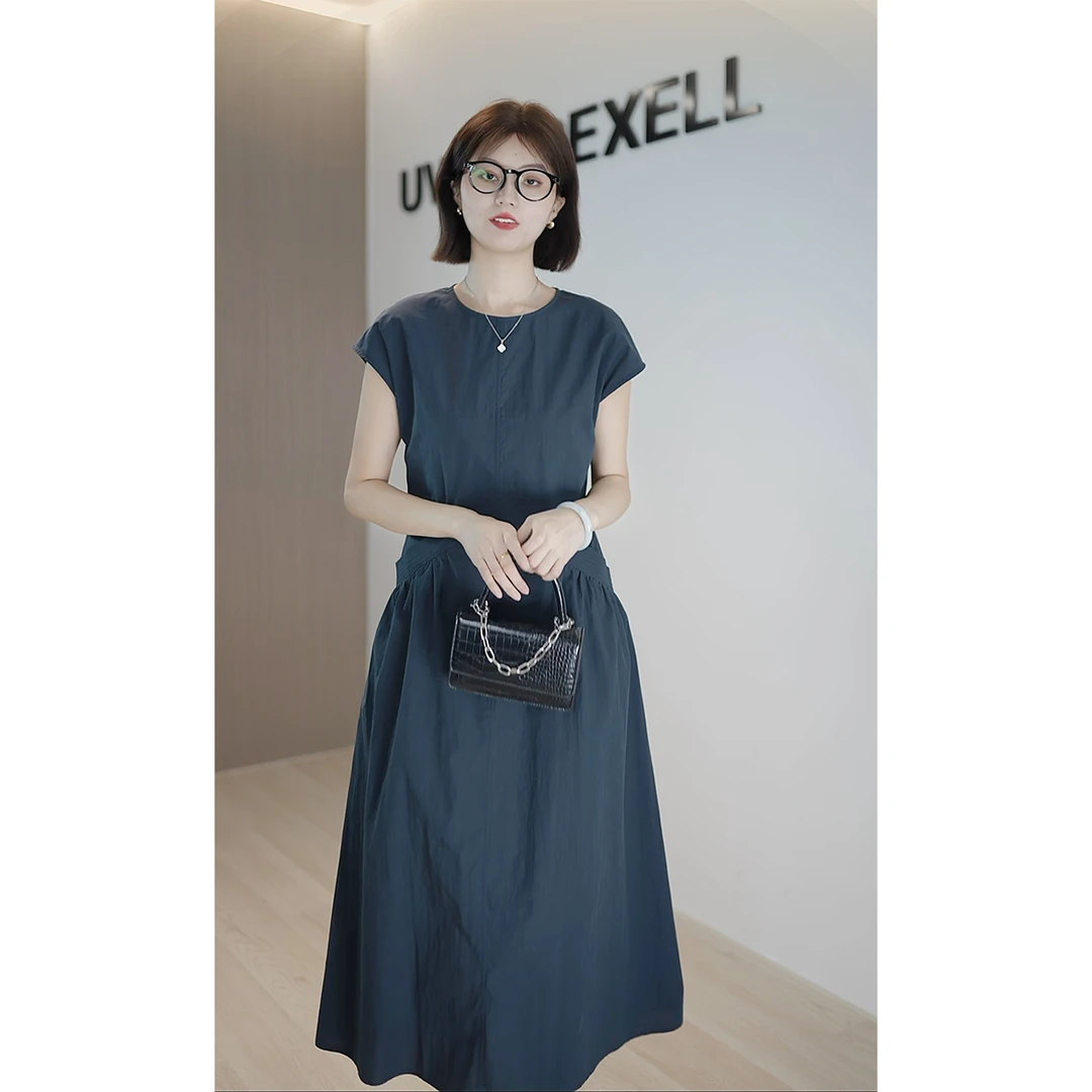 夏季中长款法式复古收腰显瘦赫本风薄纱连衣裙圆领