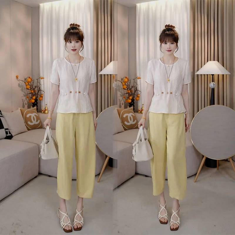 温柔风夏装2025超火一整套腰部串珠肌理感短袖上衣休闲裤两件套