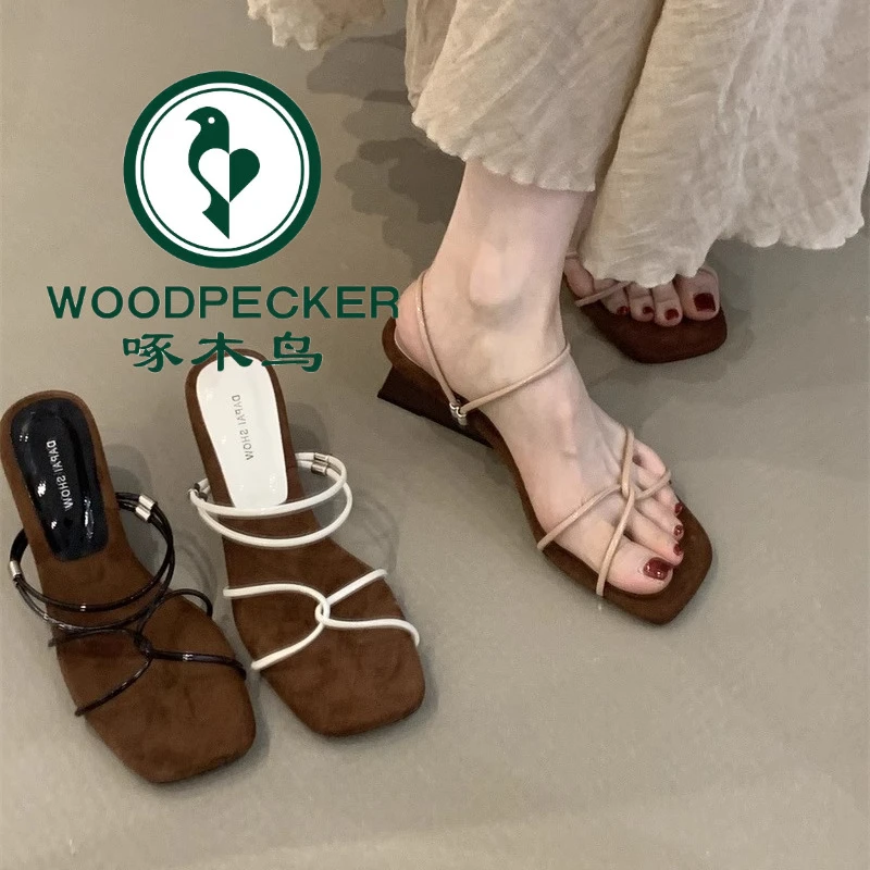 啄木鸟复古交叉细带罗马鞋女百搭复古方头露趾凉鞋两穿粗跟拖鞋夏