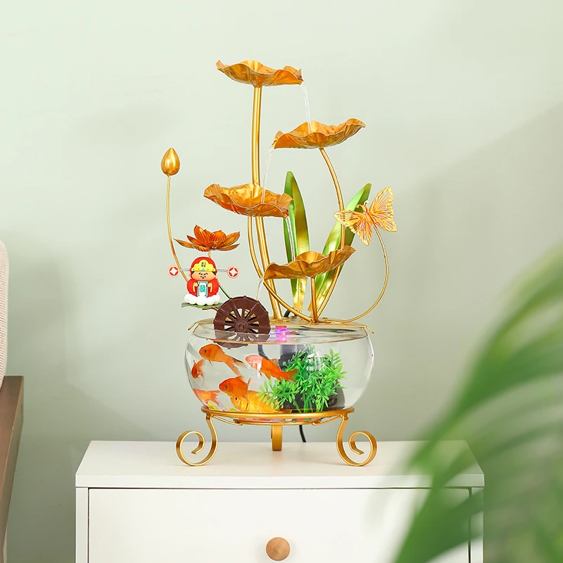 创意现代风简约轻奢铁艺荷叶循环流水办公客厅家用玻璃缸桌面摆件
