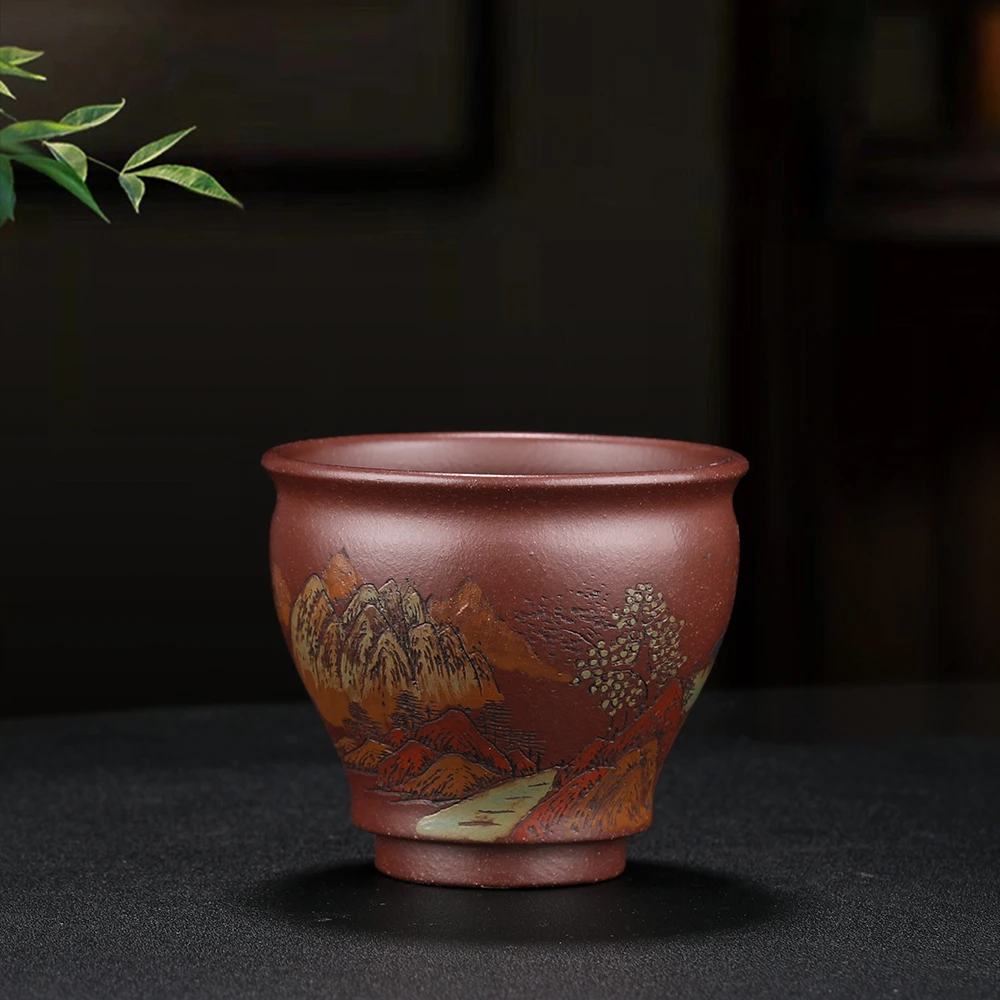 宜兴原矿紫砂手工主人杯纯手工茶杯紫砂杯老紫泥手工刻字山水