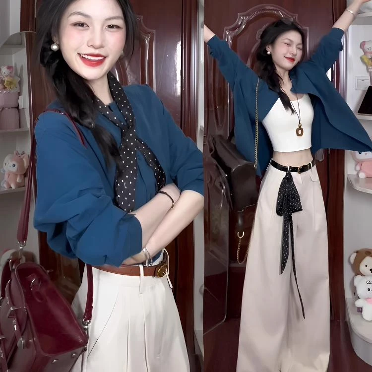 2025秋季新款日式衬衫上衣搭杏色高腰阔腿裤套装气质简练日常