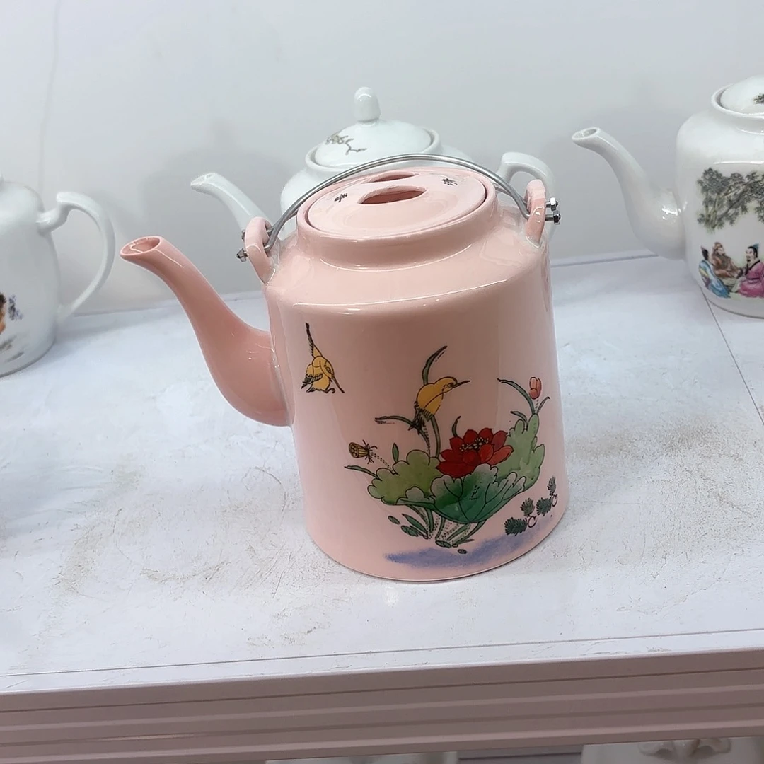 壶陶瓷荷花翠鸟三斤提梁壶红稀稀