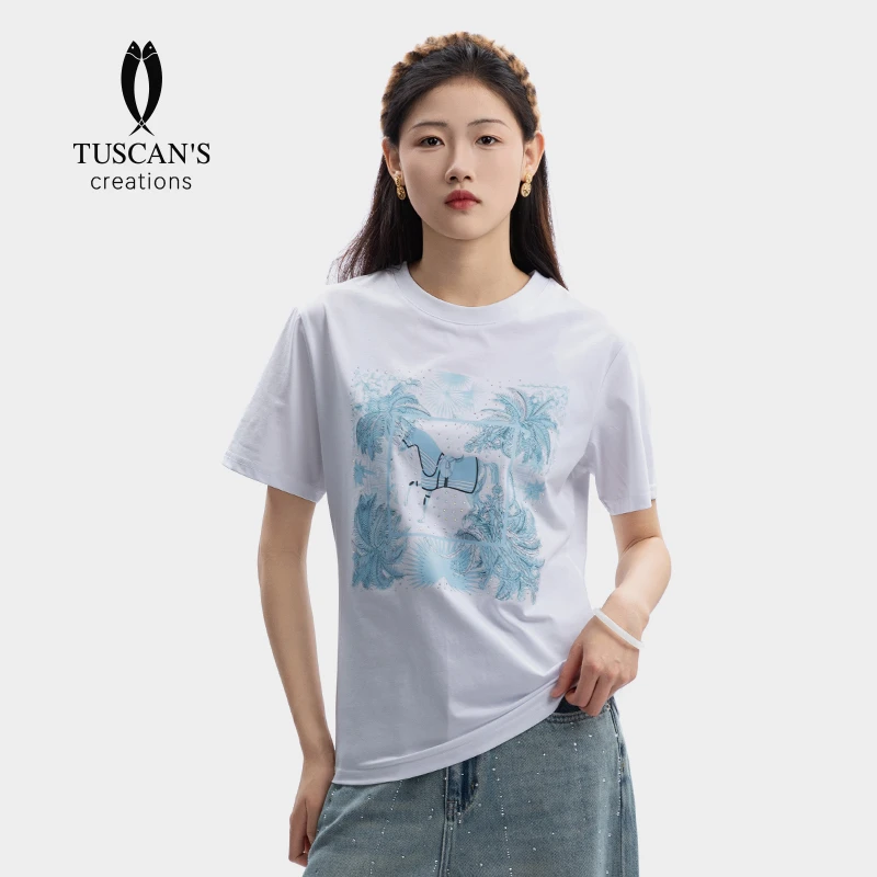 TUSCAN'S CREATIONS夏季宽松运动休闲印花烫钻棉T恤时尚百搭