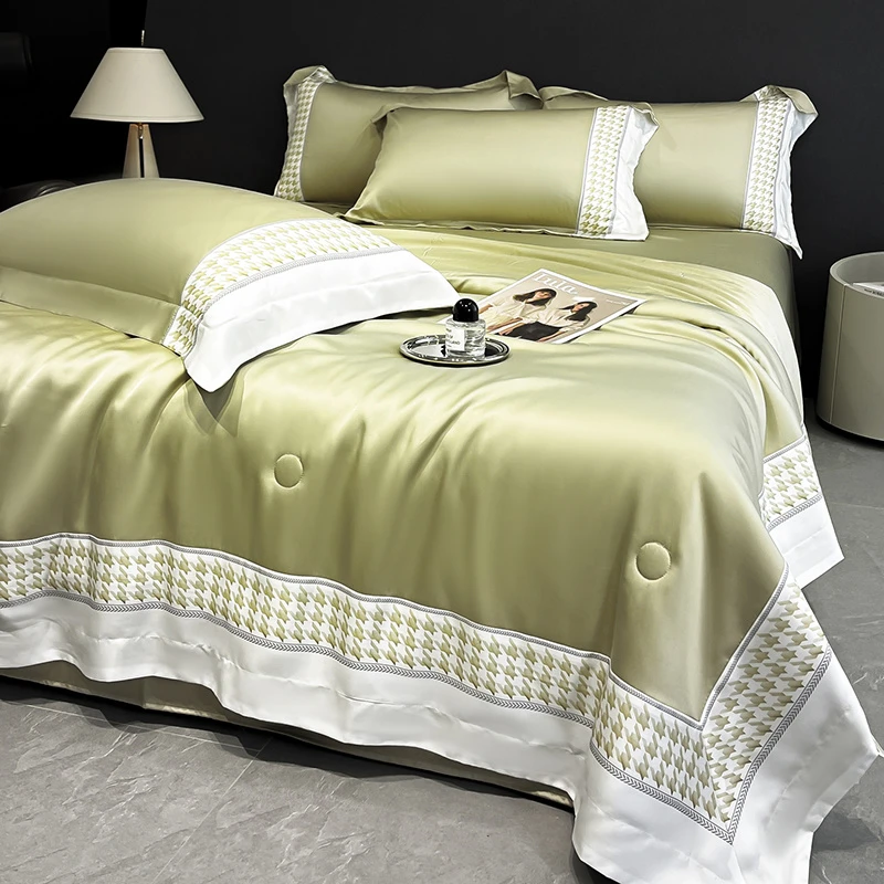 新款夏季凉感冰丝床品套件薄款纯色丝滑透气水洗真丝被套四件套