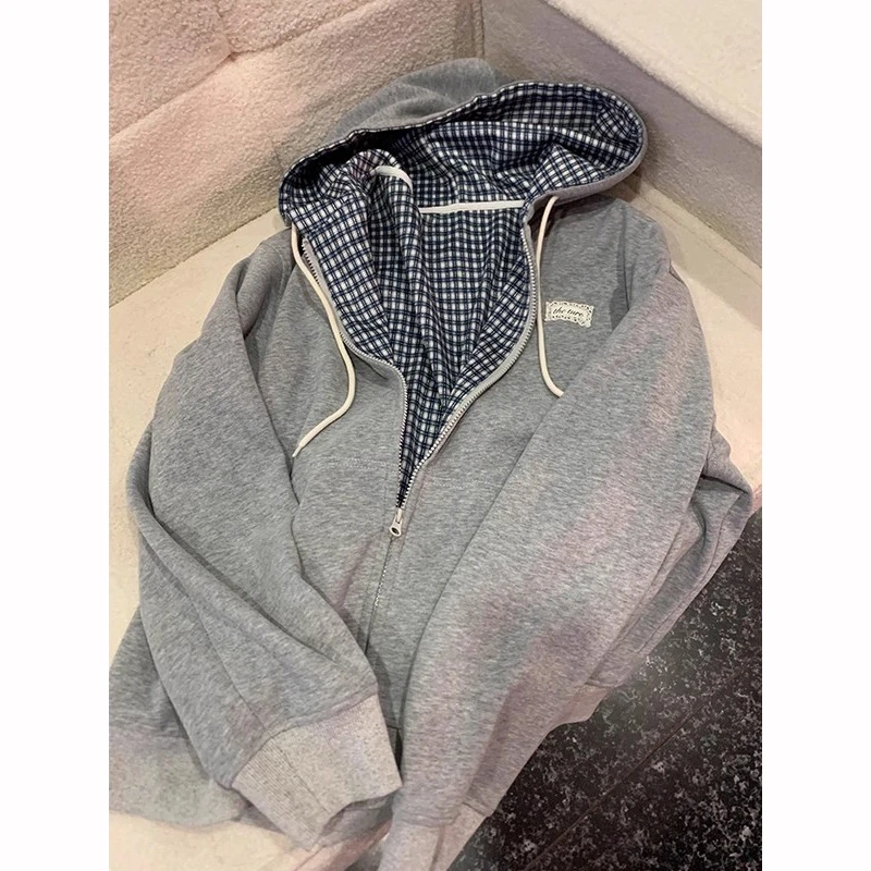 大码300斤2025新款灰色开衫连帽拉链卫衣女春秋宽松百搭休闲外套