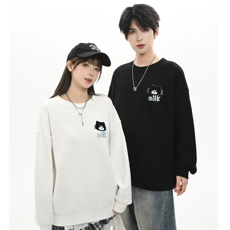 森女部落甜美可爱猫咪刺绣加绒卫衣女宽松情侣装长袖上衣