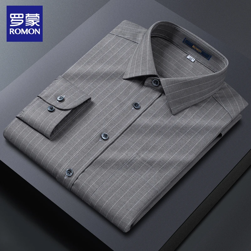 罗蒙春秋新款绵羊毛衬衫男长袖高档商务休闲衬衣中年抗皱条纹外套