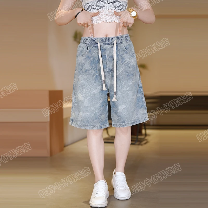 美式牛仔短裤男夏季薄款2025新款潮牌迷彩宽松直筒休闲五分中裤子