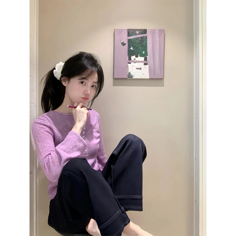 韩系氛围感显瘦毛衣女秋洋气休闲慵懒风毛衣高腰显瘦深蓝牛仔裤