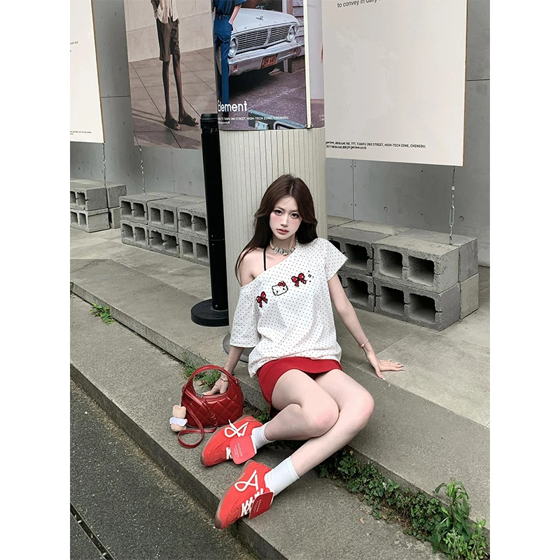 多巴胺穿搭女衣服波点印花短袖T恤上衣女夏季红色A字裙包臀半身裙