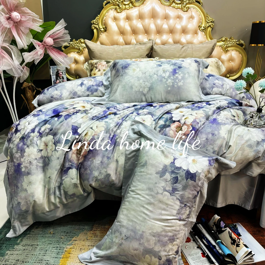 LD【疏影】欧式美式高档田园风纯棉四件套床上用品印花提花床单被套