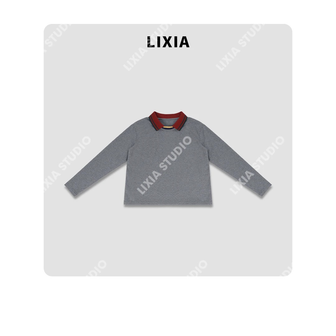 LIXIA【都市森林】极简风森系100棉灰色撞色翻领卫衣-D9397