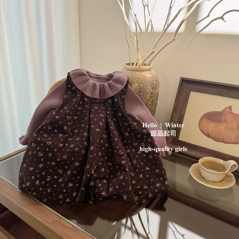 现货2025韩国童装女童灯芯绒两件套韩版碎花裙荷叶领毛衣洋气套装