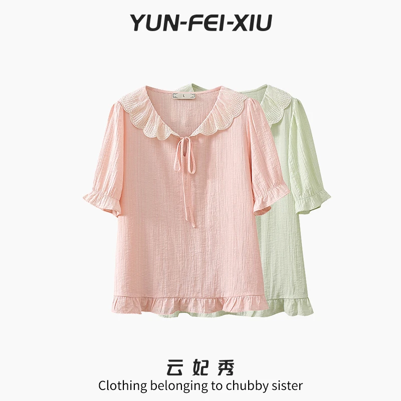 云妃秀大码女装雪纺衫时尚胖妹妹显瘦宽松POLO领上衣夏季22301