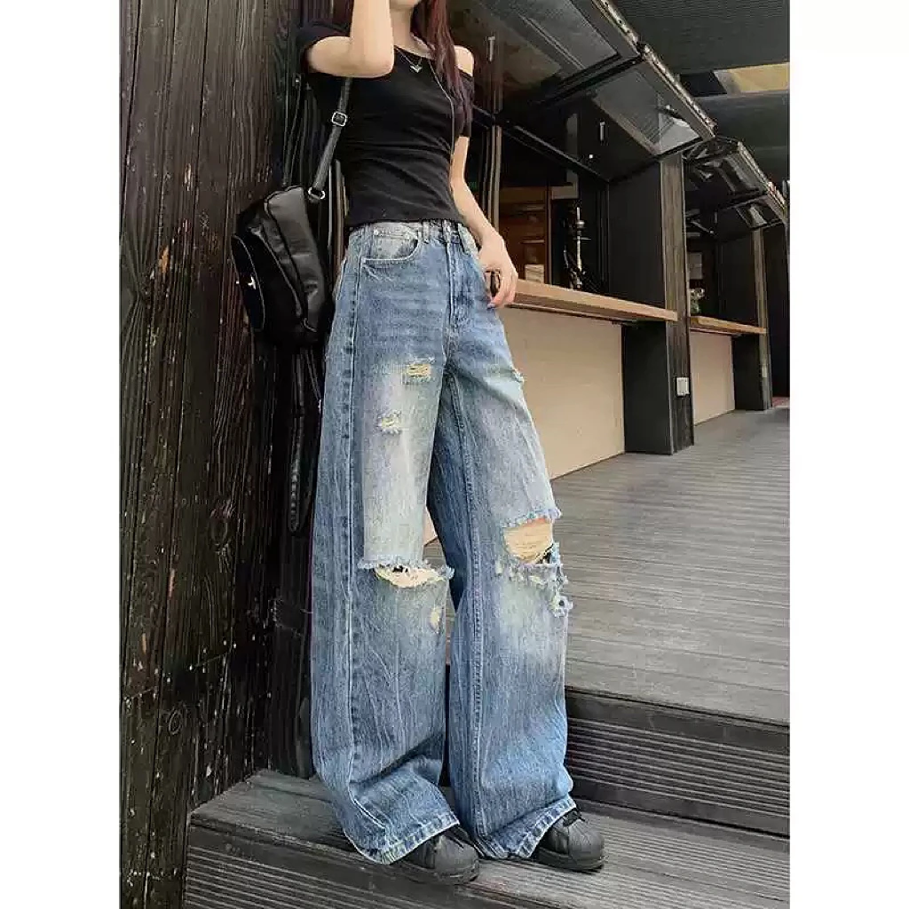 美式高街水洗微喇叭破洞牛仔裤男女宽松阔腿裤直筒垂坠感长裤
