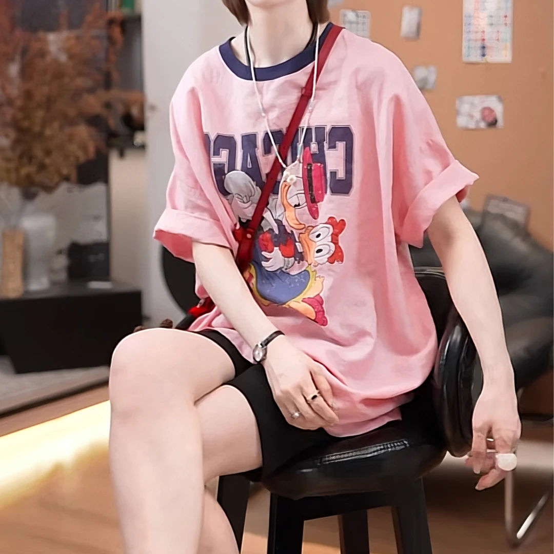 《卡通短袖t》夏季时尚百搭宽松休闲短袖T恤女慵懒风潮流设计师半袖