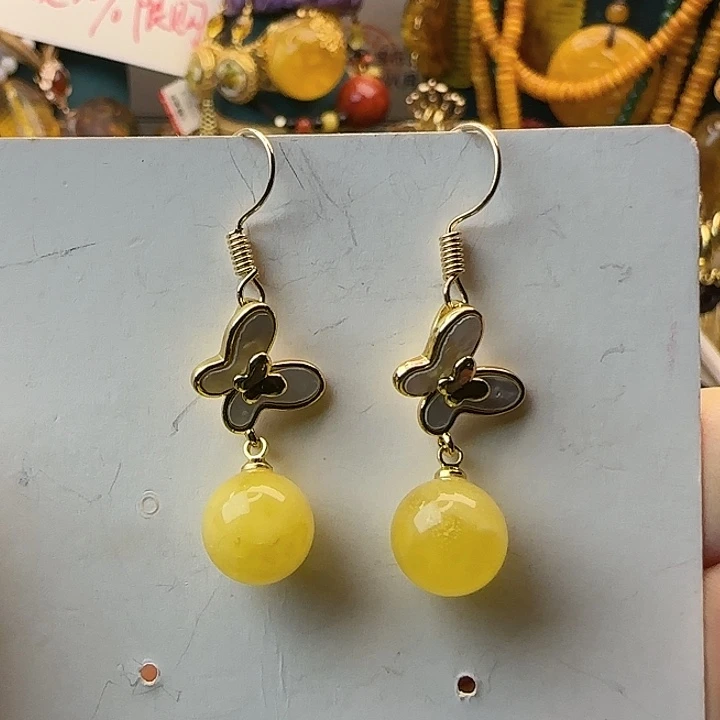 琥珀银S925镀金镶嵌耳饰